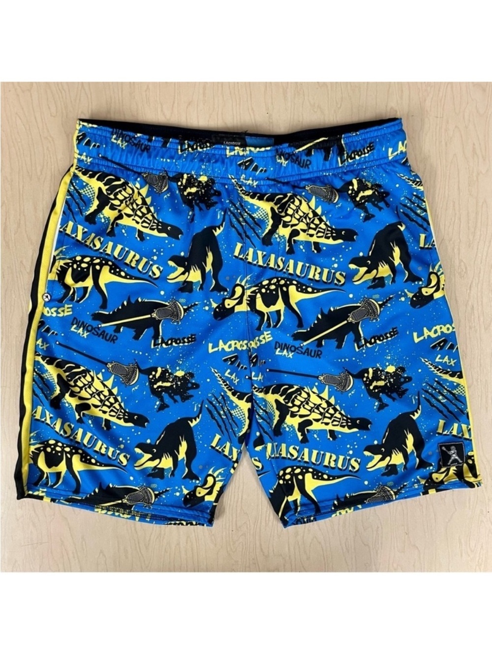 Lacrosse Unlimited Shorts Mens Medium Laxasaurus Dinosaurs Lax Blue Yellow Black